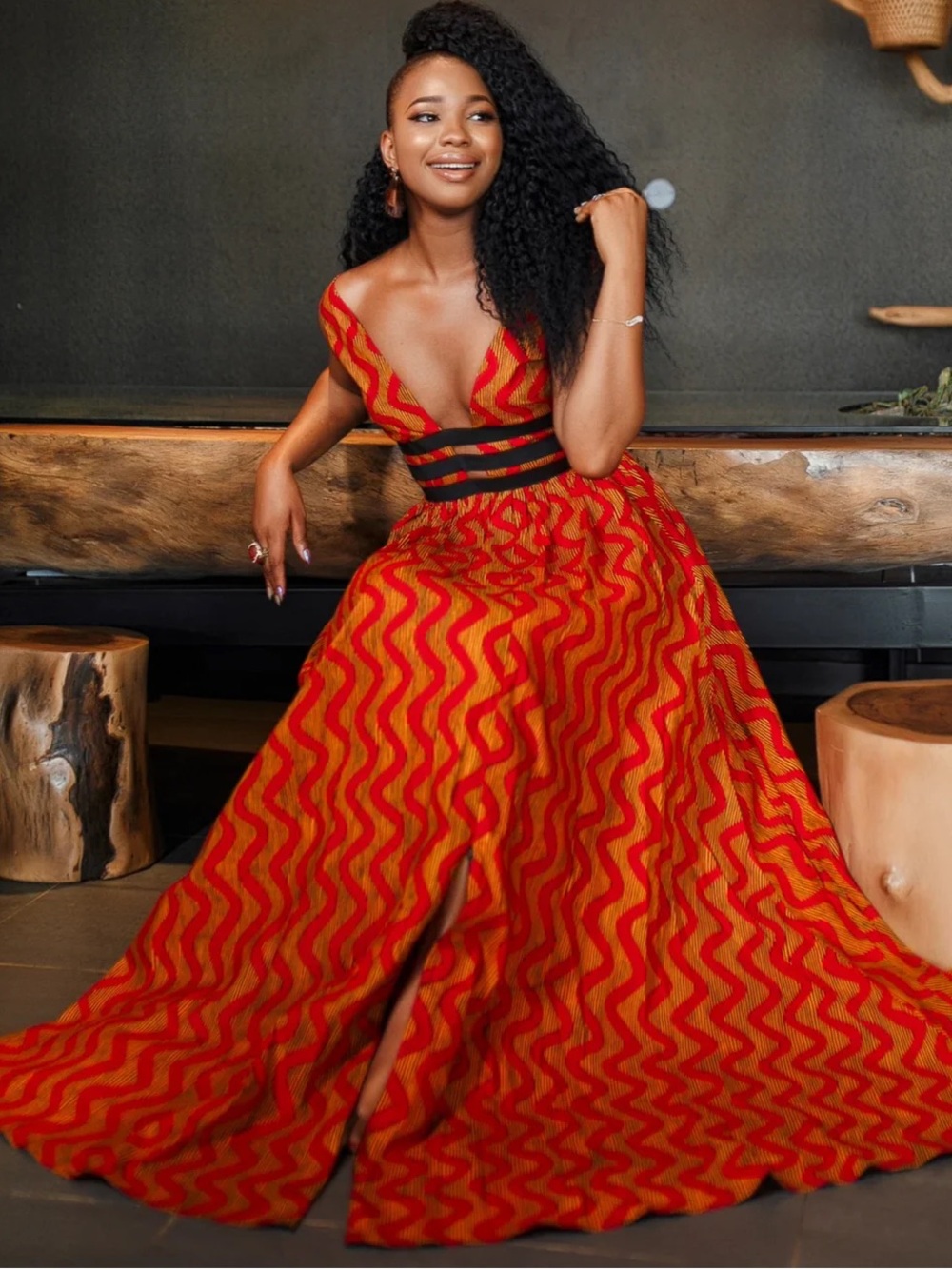 Tufafii “Deka” Red Wave African Print Maxi Dress with Black Waistband - XXL
